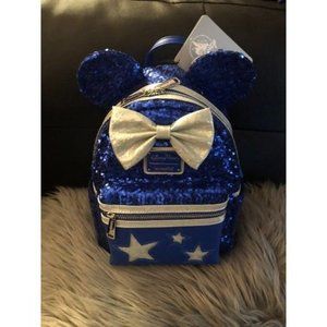 NWT Loungefly Disney Parks Disneyland Blue Sequin Make A Wish Star Patriotic USA